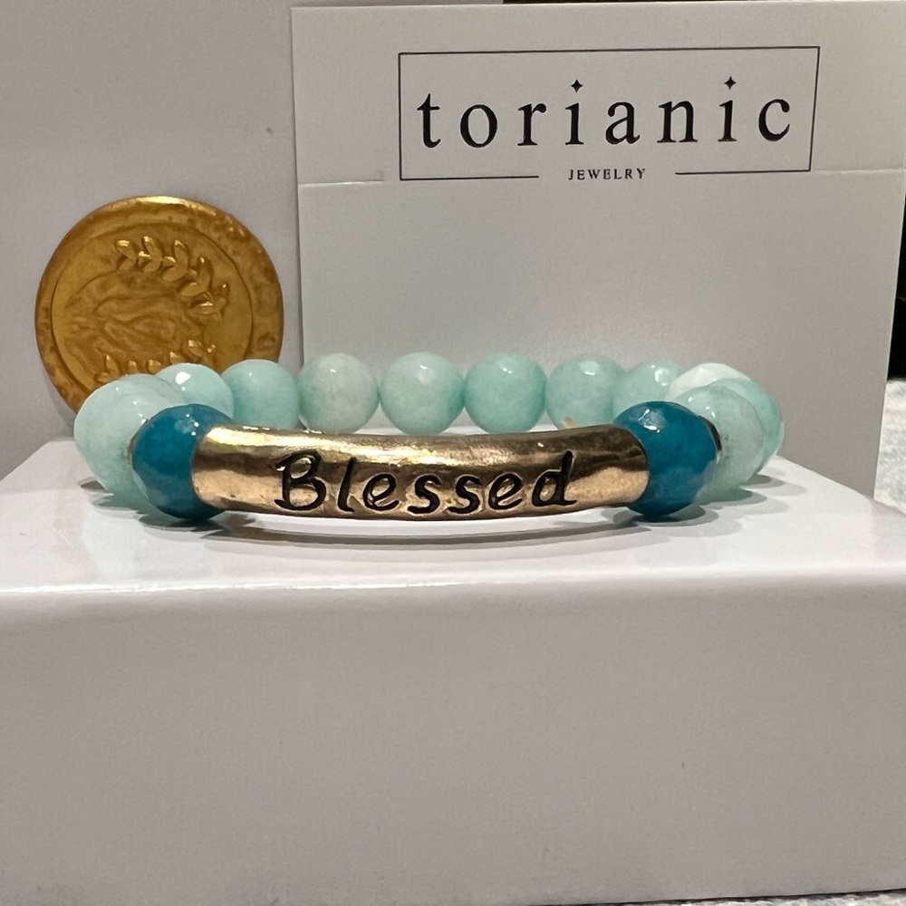 New boxed BLESSED mint and jade beaded bracelet